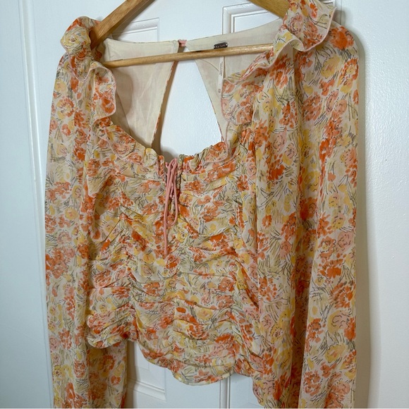 FREE PEOPLE Mabel Floral Print Yellow Orange Ruched Long Sleeve Top Bohemian XS - Picture 5 of 12